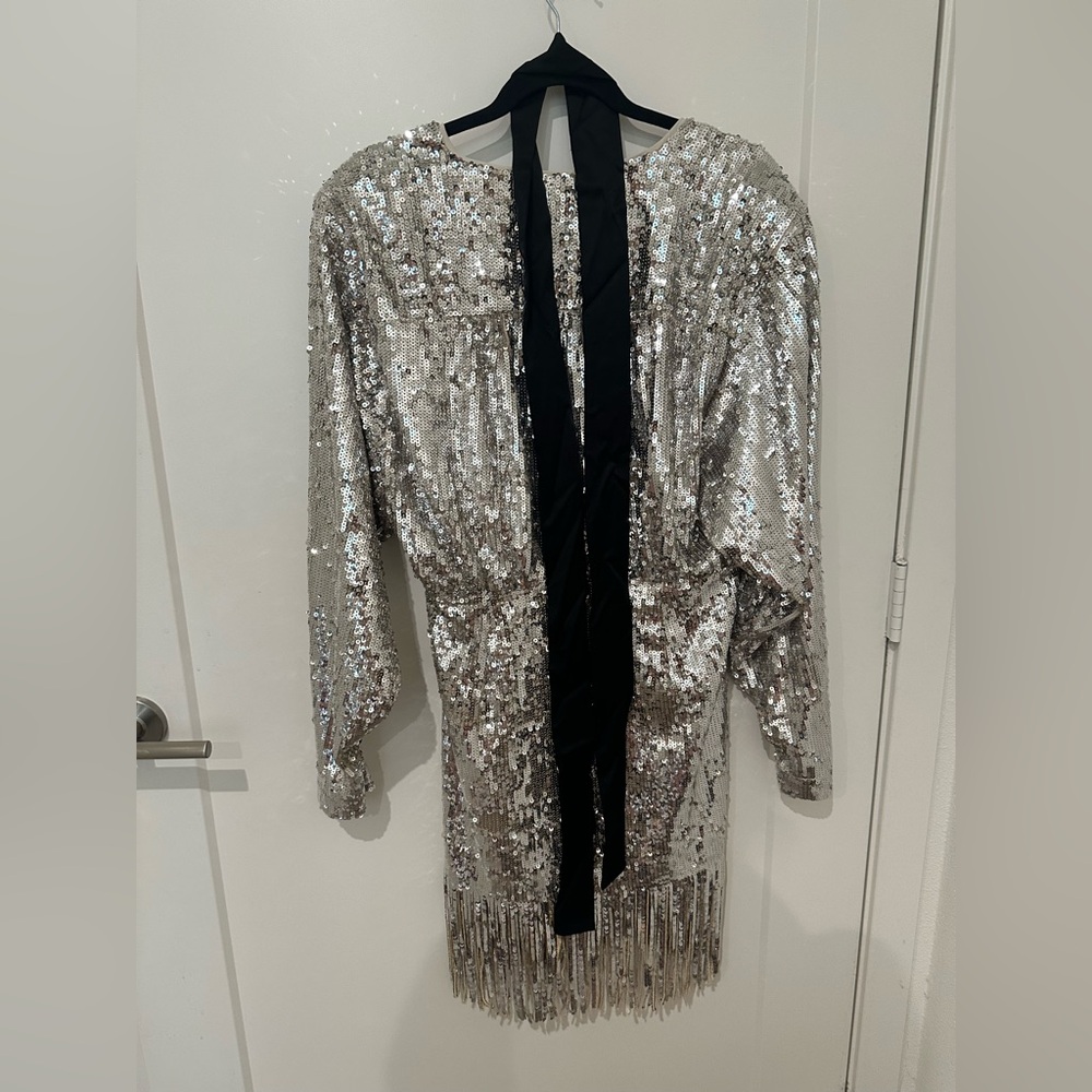 ROTATE Birger Christensen Sliver Sequin Wrap Minidress US 8 - Picture 4 of 13
